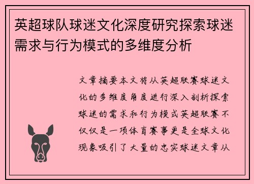 英超球队球迷文化深度研究探索球迷需求与行为模式的多维度分析