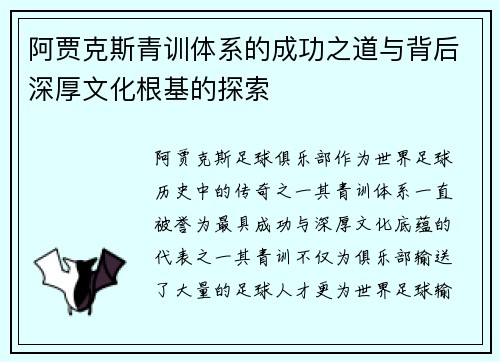 阿贾克斯青训体系的成功之道与背后深厚文化根基的探索