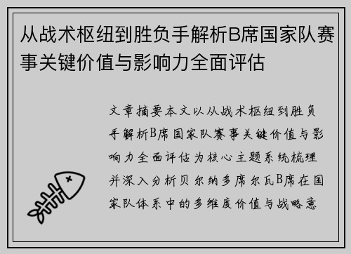从战术枢纽到胜负手解析B席国家队赛事关键价值与影响力全面评估