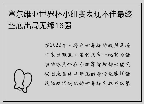 塞尔维亚世界杯小组赛表现不佳最终垫底出局无缘16强