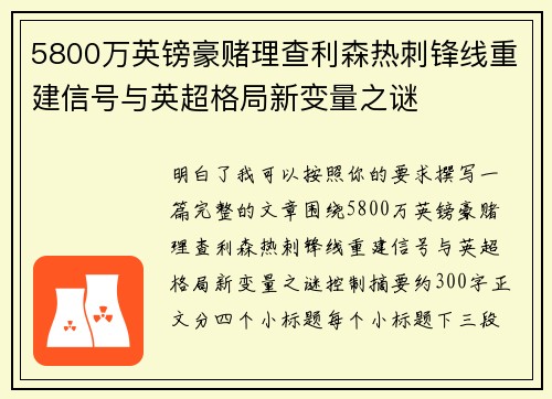 5800万英镑豪赌理查利森热刺锋线重建信号与英超格局新变量之谜